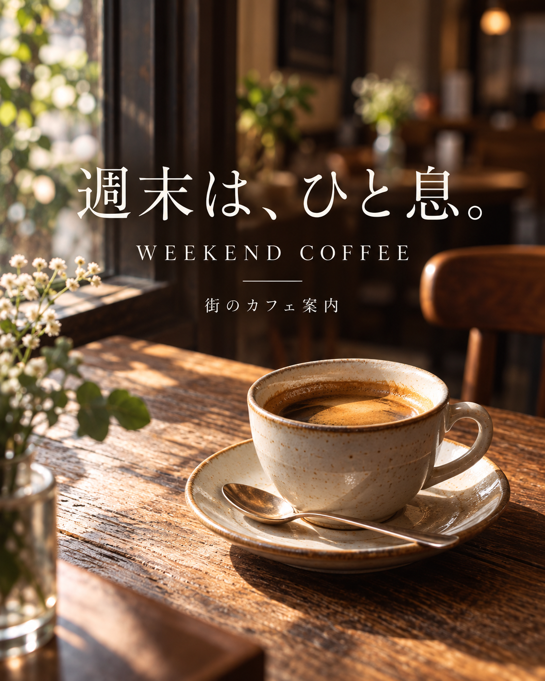 週末は、ひと息。街のカフェ案内をテーマにした架空のInstagramカバー画像。